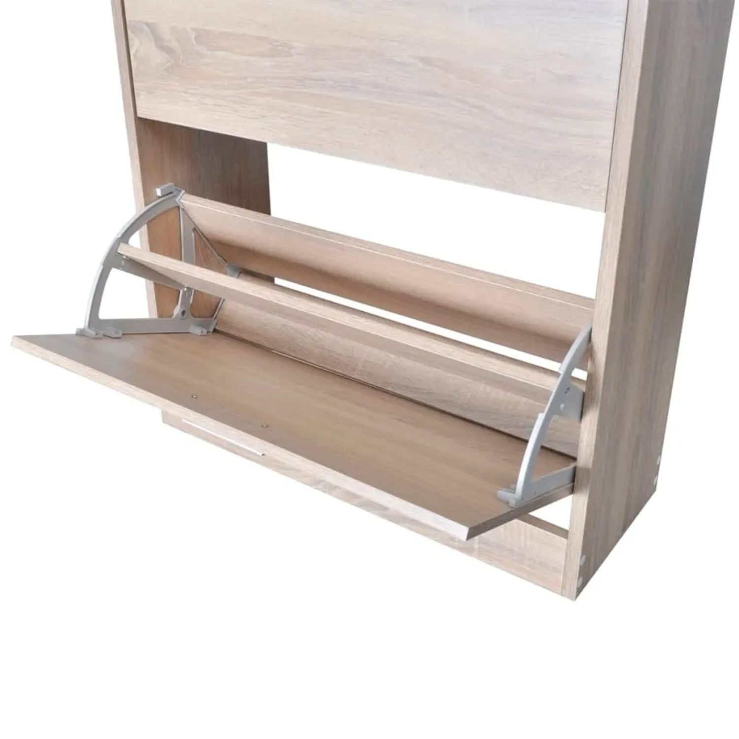 Schuhschrank in Eichen-Optik mit geöffnetem Schuhkipper. Heller Holzwerkstoff, silberne Metallmechanik. Praktische Schuhaufbewahrung.