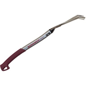 Hochbeet Laubrechen für die Gartenarbeit. Praktischer Rechen mit Metallzinken und rotem Griff.