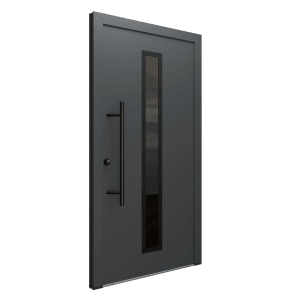 Moderne anthrazitfarbene FM Türen Haustür AS68 mit Glasausschnitt, Griff und Beschlägen.