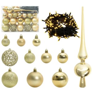 Goldenes 61-tlg. Weihnachtskugel-Set aus Kunststoff mit warmweißer LED-Lichterkette und Baumspitze. Verschiedene goldene Kugeln.