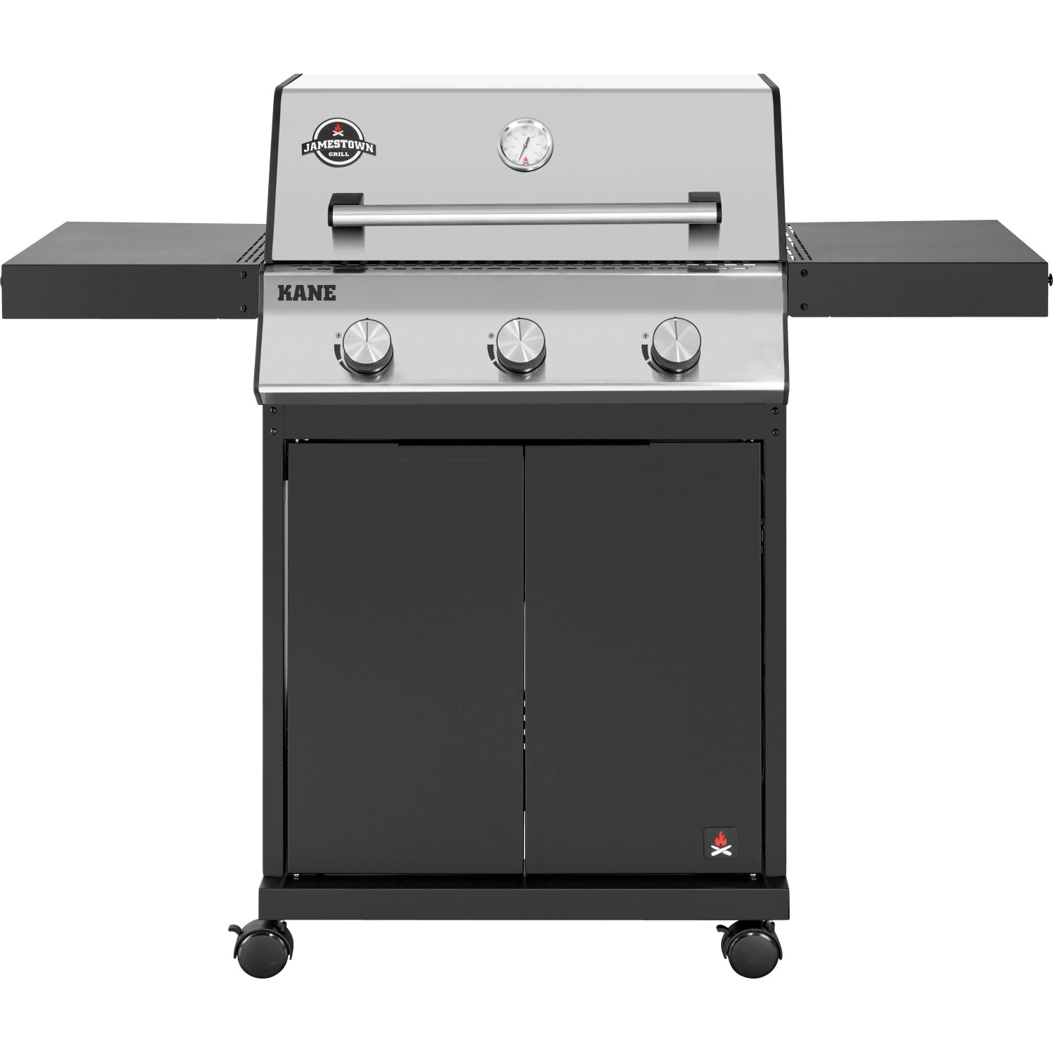 Jamestown Gasgrill Kane mit 3 Brennern und modularem Grillrostsystem. Silberfarben mit schwarzen Akzenten.