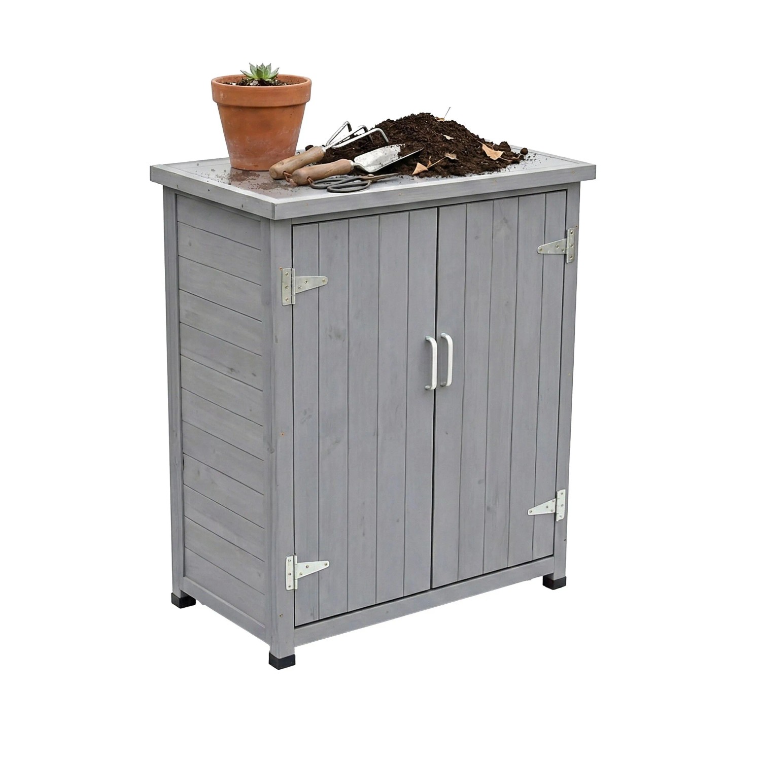 Relaxdays Pflanztisch Tannenholz Stahl Grau mit Unterschrank 90 cm x 75 cm x 40 cm