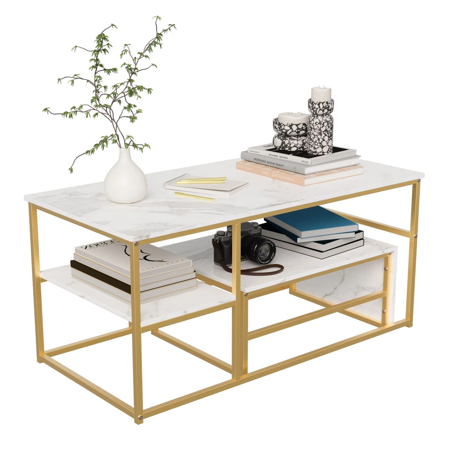 PXloue Satztisch 2er Set Schwarz-Rechteckiger Couchtisch mit Metallrahmen