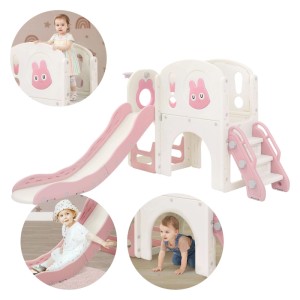 Rosa-weißer Joyz Kinderspielturm aus Kunststoff mit Rutsche, Kletterturm, Treppe & Basketballkorb. Kinder spielen.