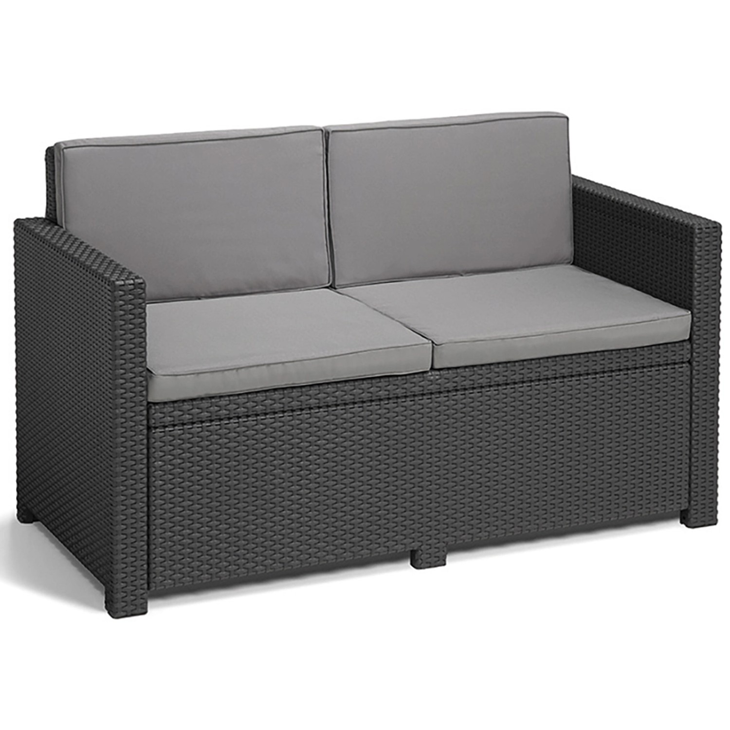 Allibert Loungeset Monaco, 2-Sitzer Gartenmöbel in Graphitgrau mit grauen Kissen.