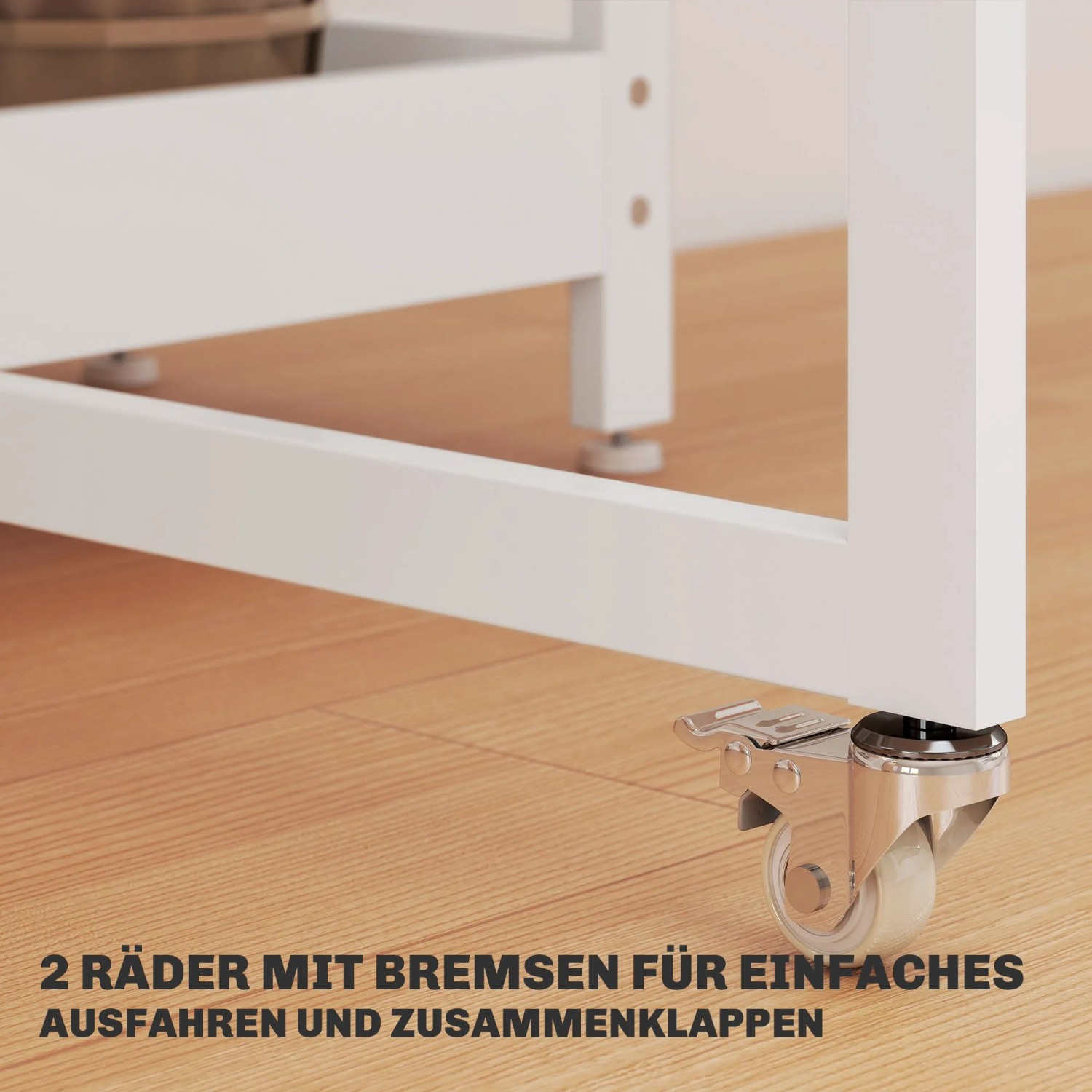 Detailansicht: Weißer HOMCOM Esstisch mit Rollen und Bremsen für einfaches Ausziehen.