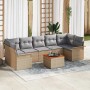 Beiges 8-teiliges Garten-Sofa-Set aus Poly Rattan mit Tisch und grauen Kissen.