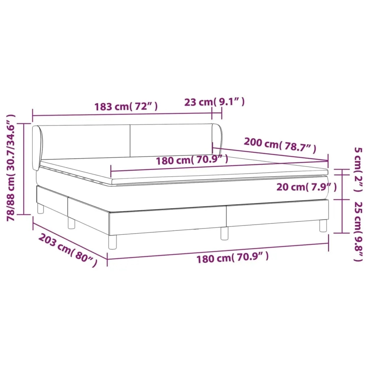 vidaXL Boxspringbett mit Matratze, schwarz, 180x200 cm, Stoff, Maße