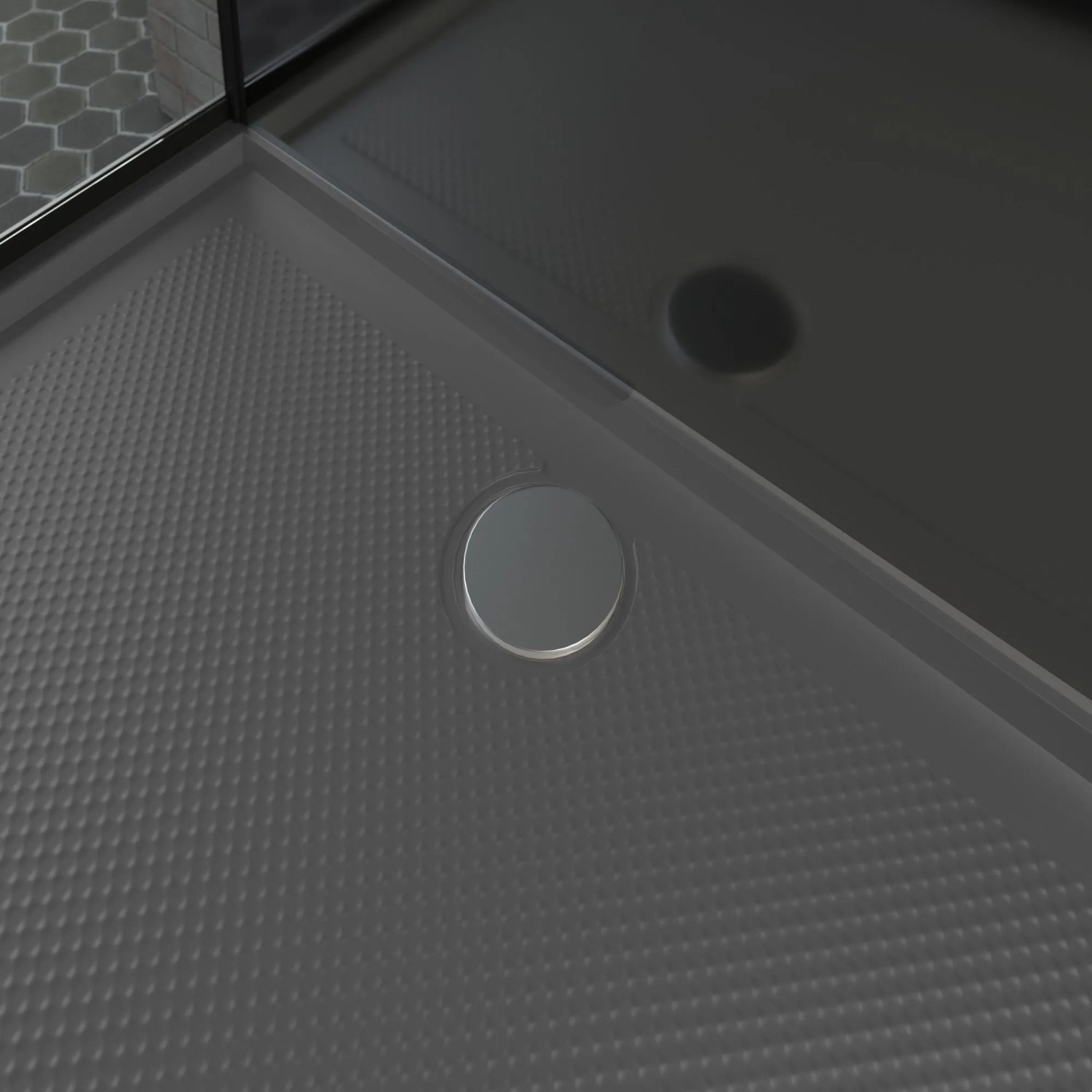 Detailaufnahme Duschwanne der Schulte ExpressPlus Komplettdusche Bali, mattschwarz.