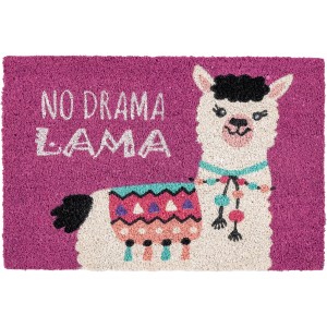 Pinke Fußmatte mit Lama-Motiv und dem Spruch 'No Drama Lama'.