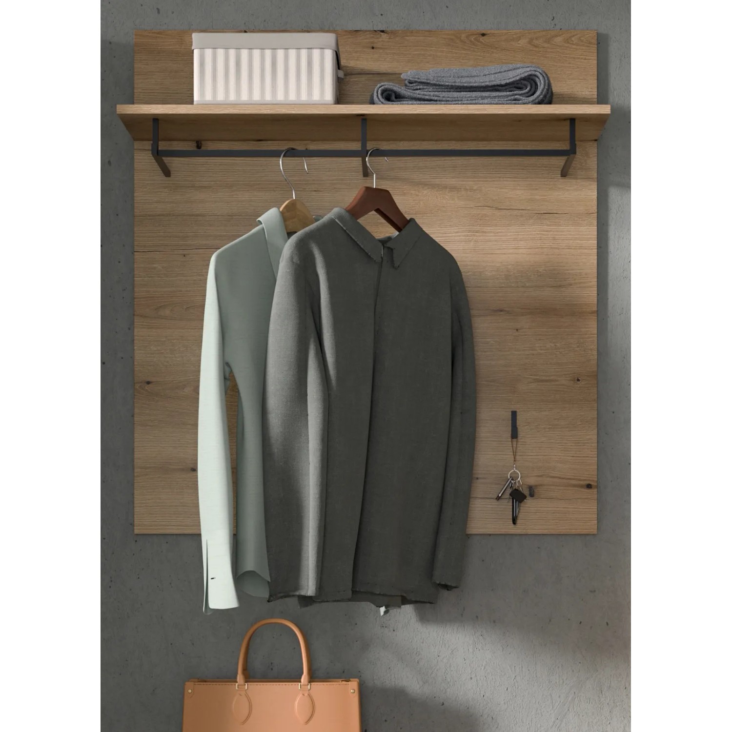Inn.Furn Garderobenpaneel Shawn in Evoke Eiche, 90cm breit, mit Ablage, Stange und Haken.
