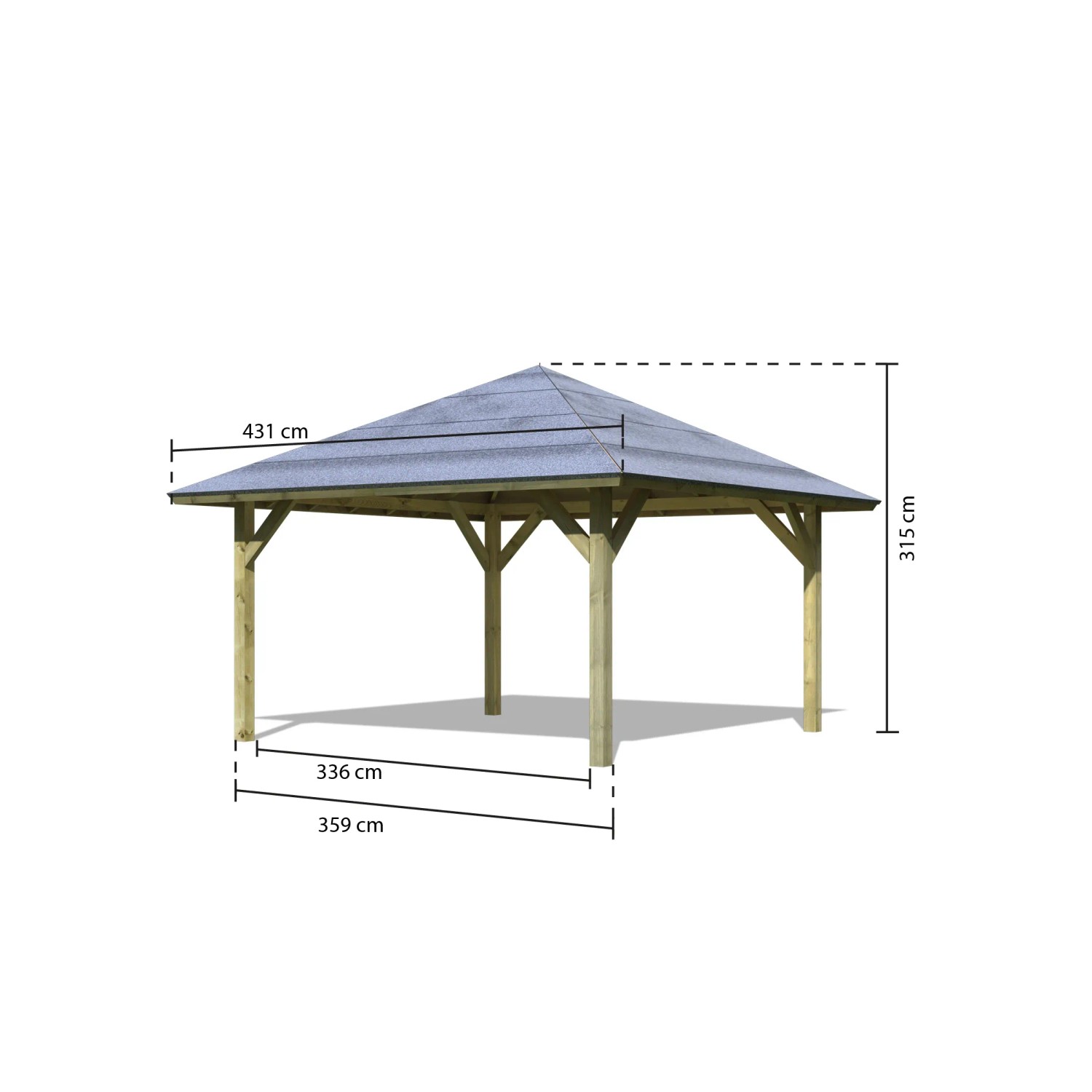 Karibu Pavilloncarport Vigo 1: Holzcarport mit Dach, stabile Pfosten, Maße sichtbar.
