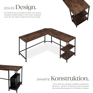 Tectake Eckschreibtisch Hamilton im Industrial Style mit Ablagefächern, Holzoptik dunkel rustikal.