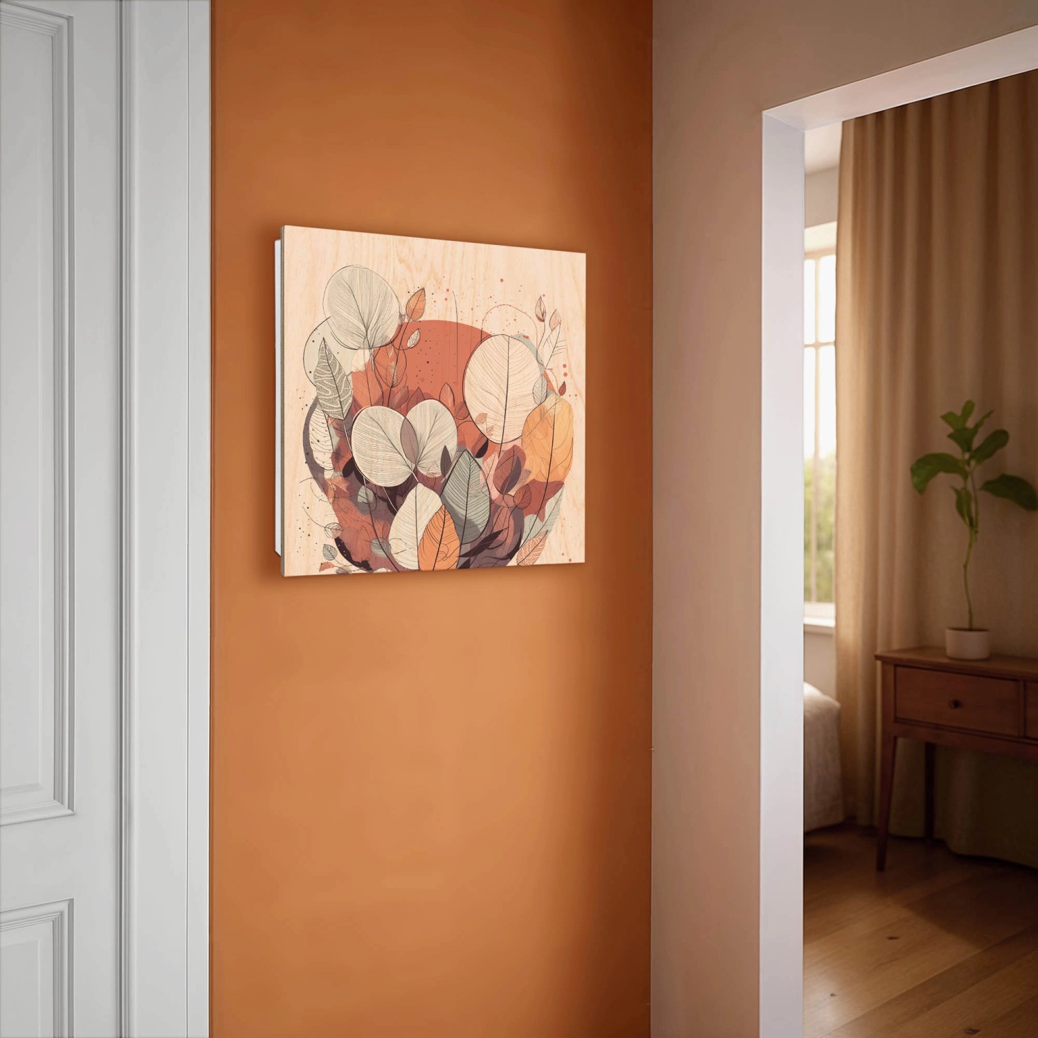 Banjado Schlüsselbox aus Holz mit Herbstblätter-Motiv, 30x30cm, 50 Haken, Scharnier rechts.