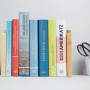 Zwei moderne Buchstützen aus hellem Bambus und Edelstahl halten bunte Bücher aufrecht. Ideal für Büro & Schreibtisch.