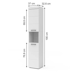 Weißer Vicco Badschrank Luna, 37x190 cm, mit offenem Fach und Schubladen. Badregal für mehr Stauraum.