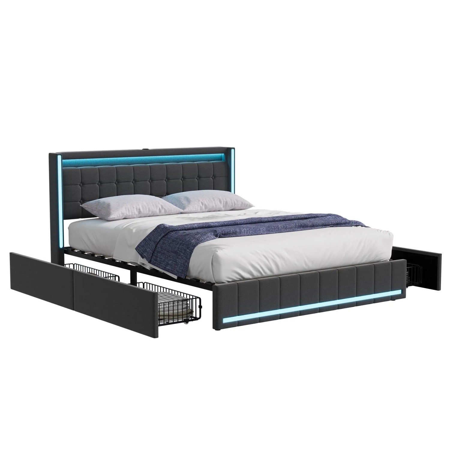 PXloue Doppelbett 140x200cm Polsterbett mit 4 Schubladen und Ladefunktion Grau