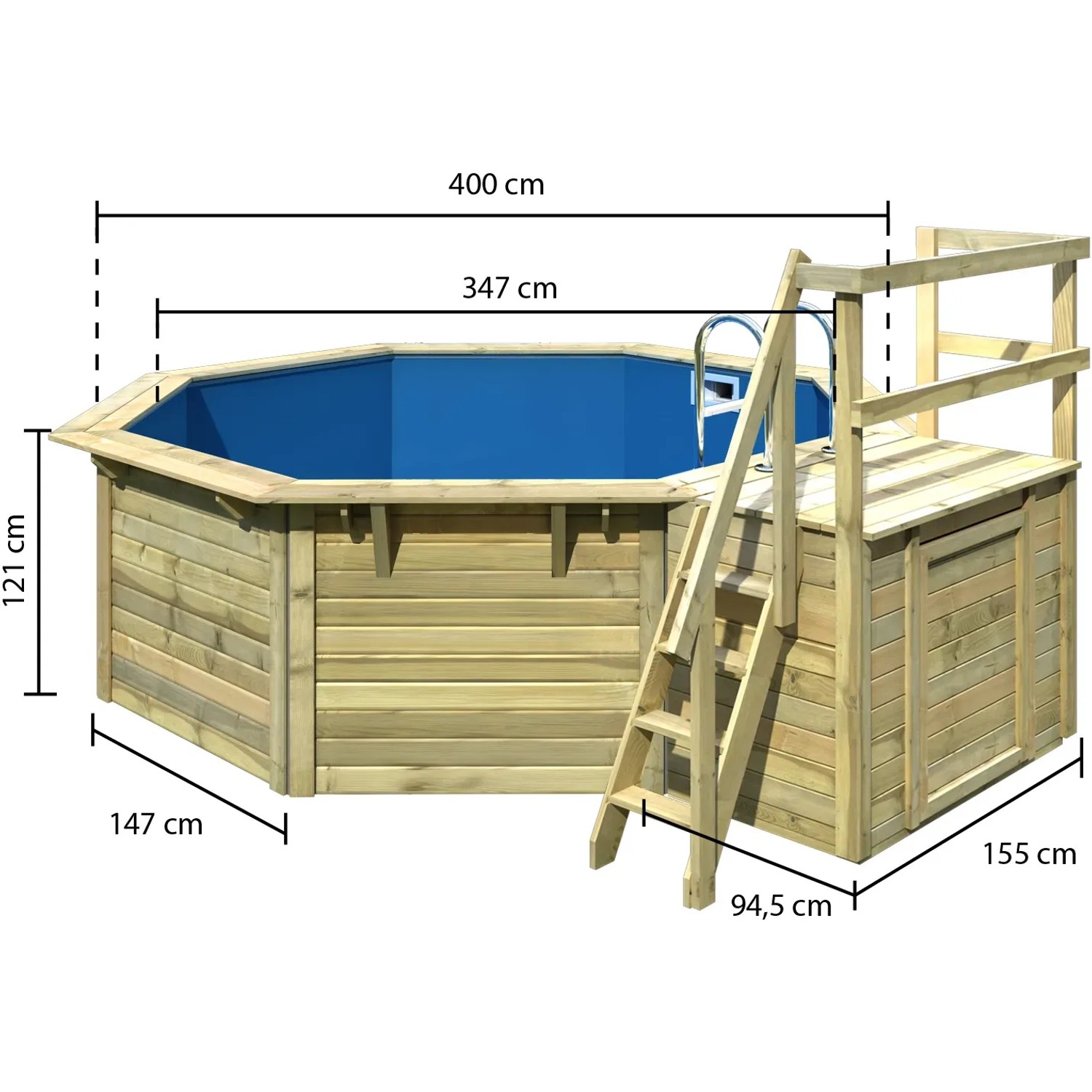 Karibu Holzpool X1 mit blauer Innenhülle, Leiter und Pooldeck aus Holz mit Maßangaben.