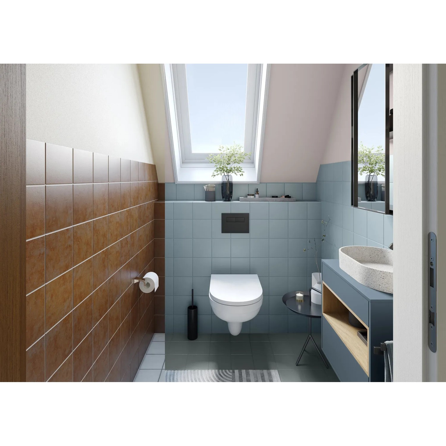 Badezimmer mit blau und braun gefliesten Wänden, modernisiert mit Alpina Fliesen-Lack Nordsee.