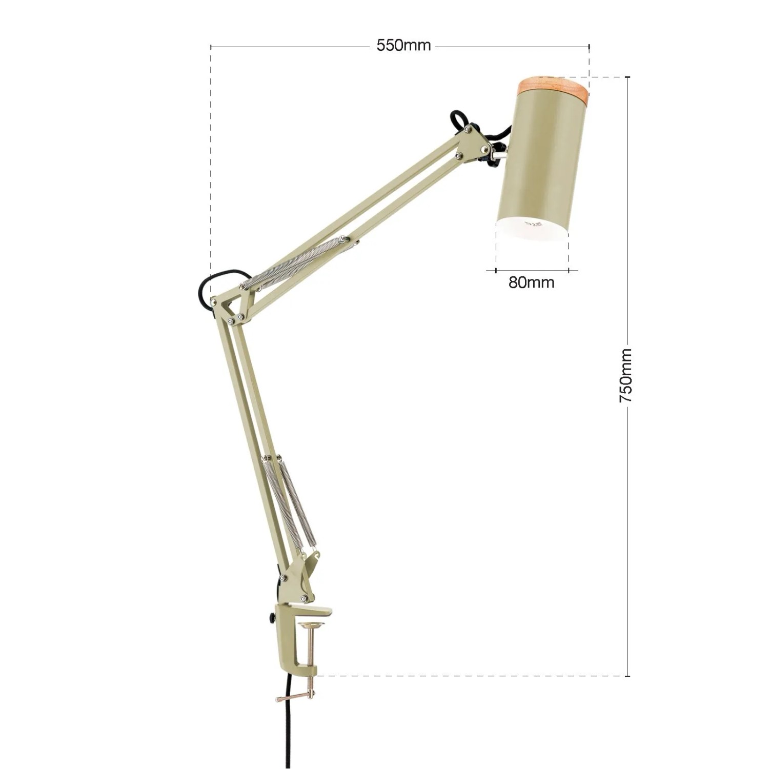 Grüne Orion Klemmleuchte Gili mit flexiblem Arm und Schraubzwinge.
