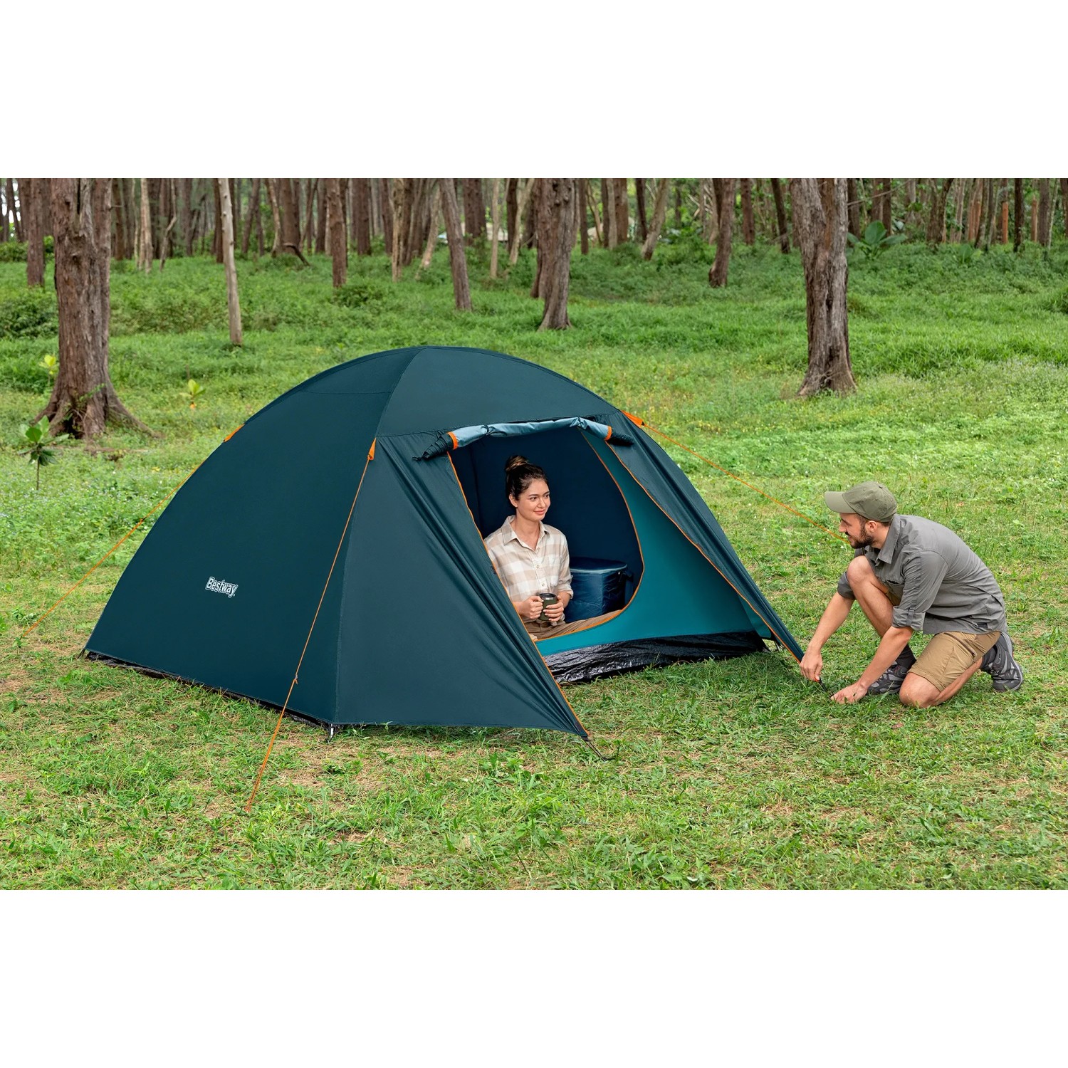 Bestway Alpine Dome Zelt für 4 Personen, dunkelblau, mit zwei Personen beim Aufbau im Grünen.