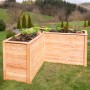 Westmann Holz-Eckhochbeet Klassik L, naturbelassenes Lärchenholz im Garten, bepflanzt mit Gemüse.