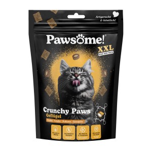 Pawsome Crunchy Paws Geflügel, 150g Katzenleckerli im schwarzen XXL-Beutel mit Katzenmotiv.