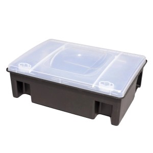 Protect Home Rattenköderbox mit Schlagfalle, schwarze Box mit transparentem Deckel.