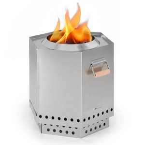 Blumfeldt Mojanda Feuerkorb aus Edelstahl mit Flammen, rauchfrei, mit Schürhaken und Regenhaube.