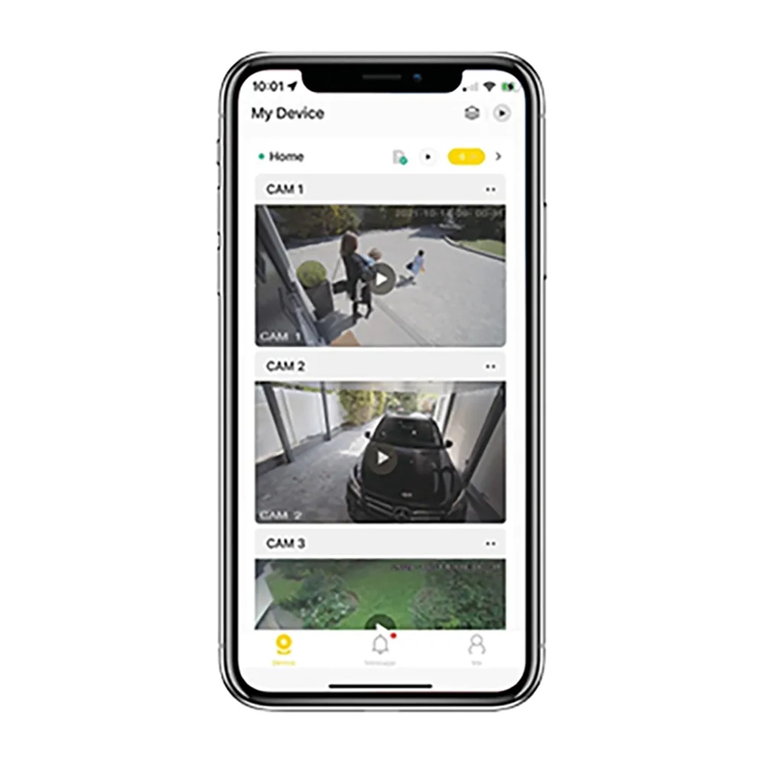 Smartphone mit Yale Überwachungskamera App und Live-Ansicht der 2 Outdoor-Kameras.
