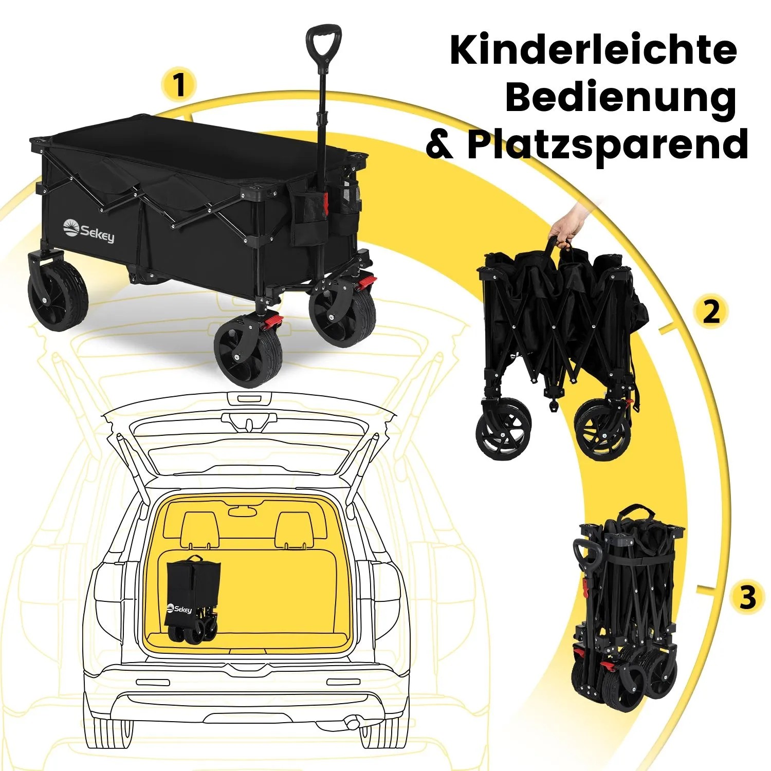 Sekey XXL Bollerwagen, faltbar, schwarz, 150L. Camping Bollerwagen mit Bremsen und einfacher Faltmechanismus.