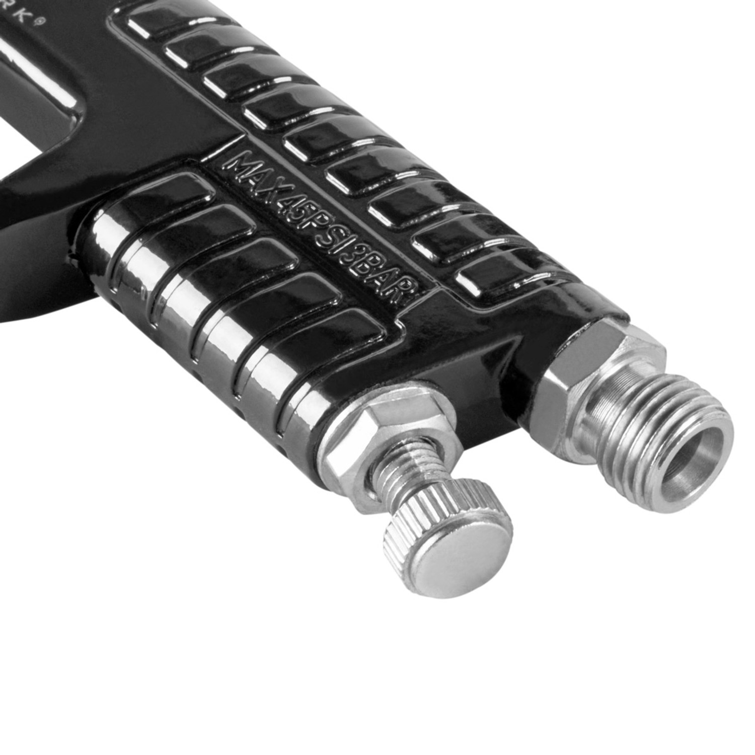 Detailaufnahme: STAHLWERK HVLP Lackierpistole SG-600 ST, 1,4 mm Düse, Fokus auf Einstellschraube und Luftanschluss.