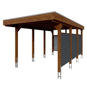 Skan Holz Carport Friesland Hybrid Nussbaum, mit Alu-Trapezprofilen als Seiten- und Rückwand.