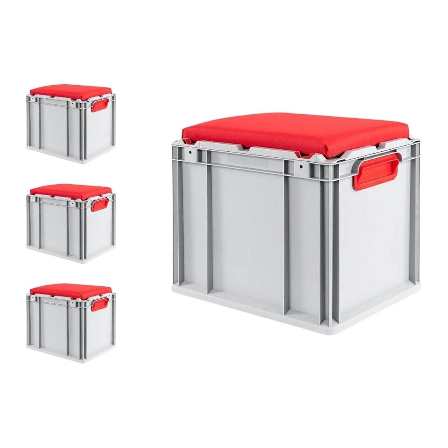 SparSet: 4 graue Euroboxen mit rotem Sitzkissen, 30 Liter, als Sitz- und Transportbox.