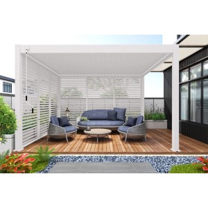 Weiße Weide Aluminium Lamellenwand für Pergola. Drehbare Lamellen bieten flexiblen Sicht- und Sonnenschutz im Garten.