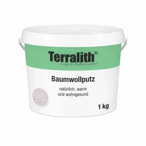 Terralith Baumwollputz Flüssigtapete 1 kg im weißen Eimer mit grün-weißem Etikett und Putzmuster. Effektputz.