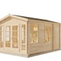 Naturbelassenes Alpholz Gartenhaus Kim-40 mit Satteldach, Doppeltür und Fenstern.