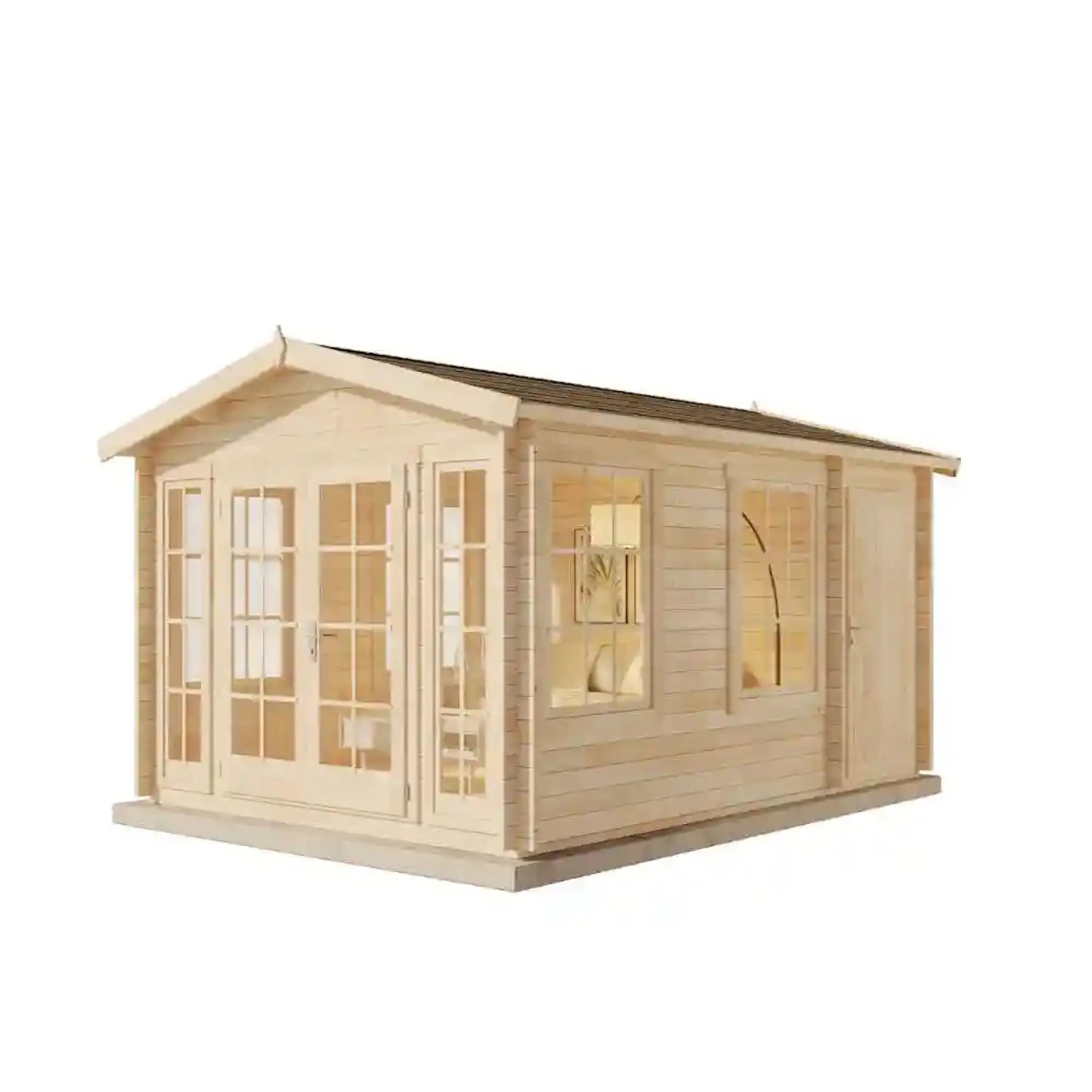 Naturbelassenes Alpholz Gartenhaus Kim-40 mit Satteldach, Doppeltür und Fenstern.