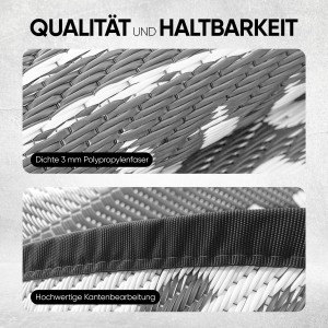 Detailaufnahme: Grau-weißer, runder EVOCAMP Outdoor-Teppich aus wetterfesten Kunststofffasern.