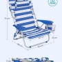 Songmics Strandstuhl, blau-weiß gestreift, mit Kopfstütze, Maße und Traglast dargestellt.