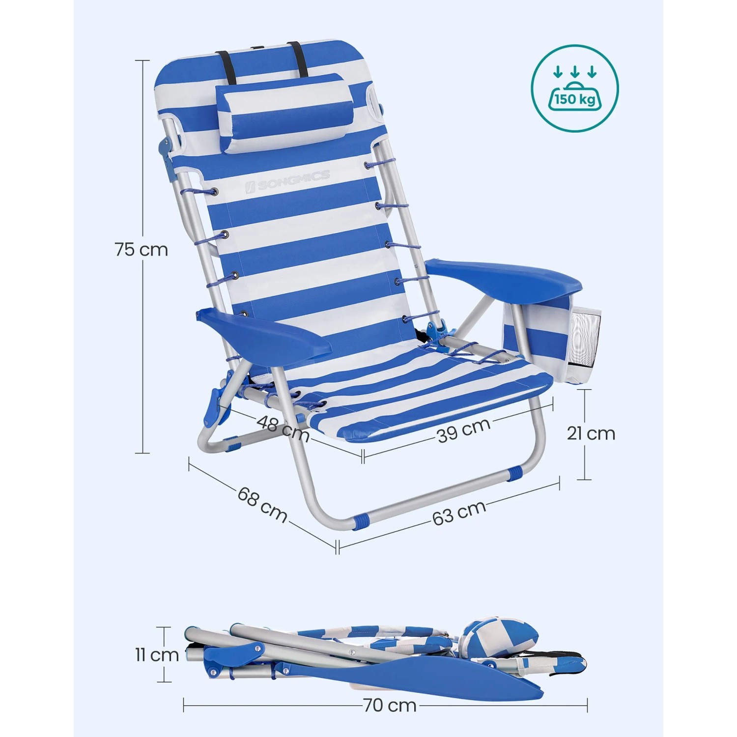 Songmics Strandstuhl, blau-weiß gestreift, mit Kopfstütze, Maße und Traglast dargestellt.