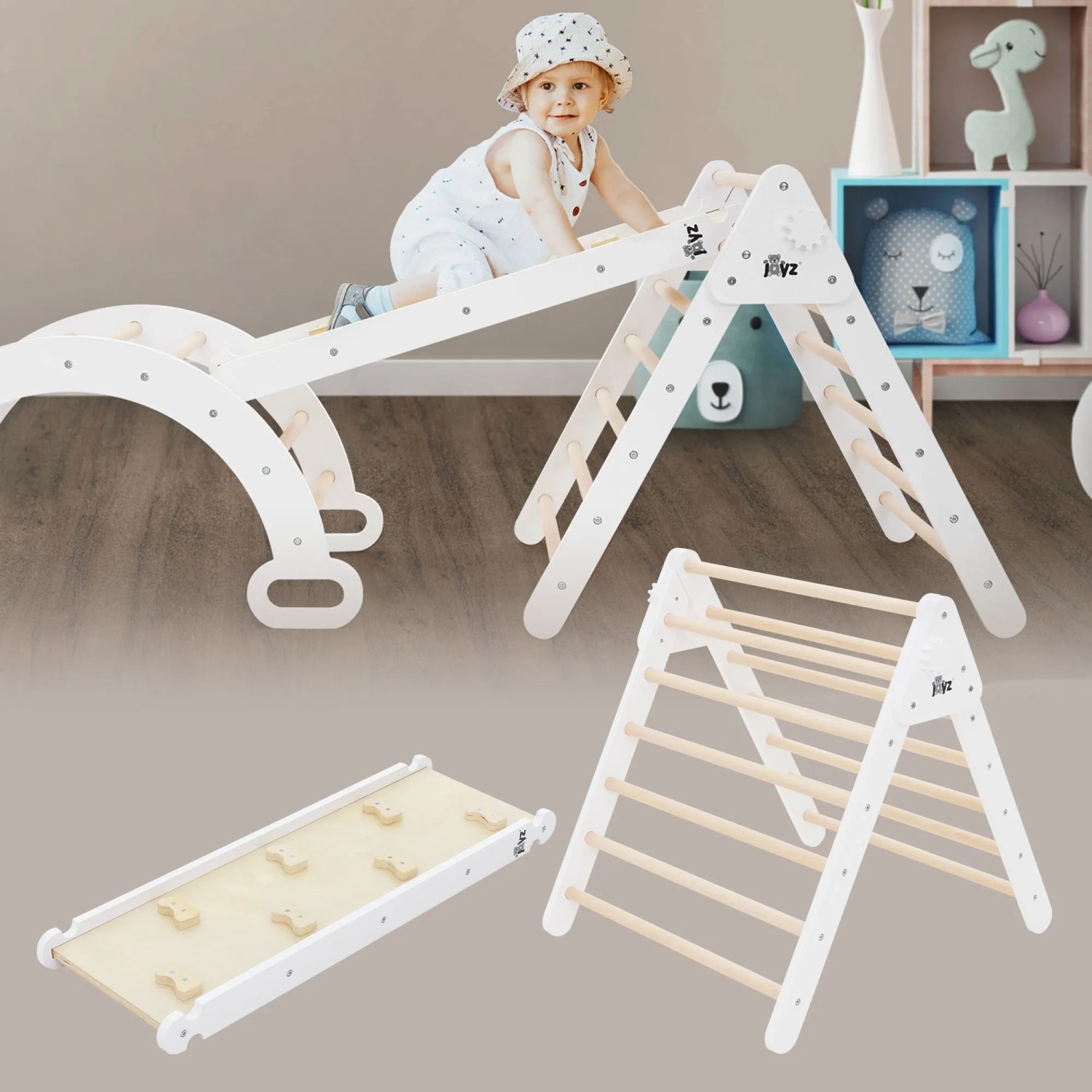 Joyz 2in1 Kletterdreieck mit Rutsche, weißes Holz, 2er Set, Pikler Art, für Indoor-Spielplätze.