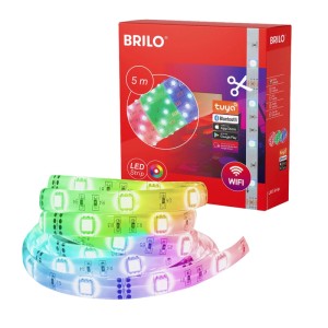 Brilo WiFi-LED-Strip RGB, 5 m, aufgerollt, mit transparenter Ummantelung und roter Verpackung. App-steuerbar, kürzbar.