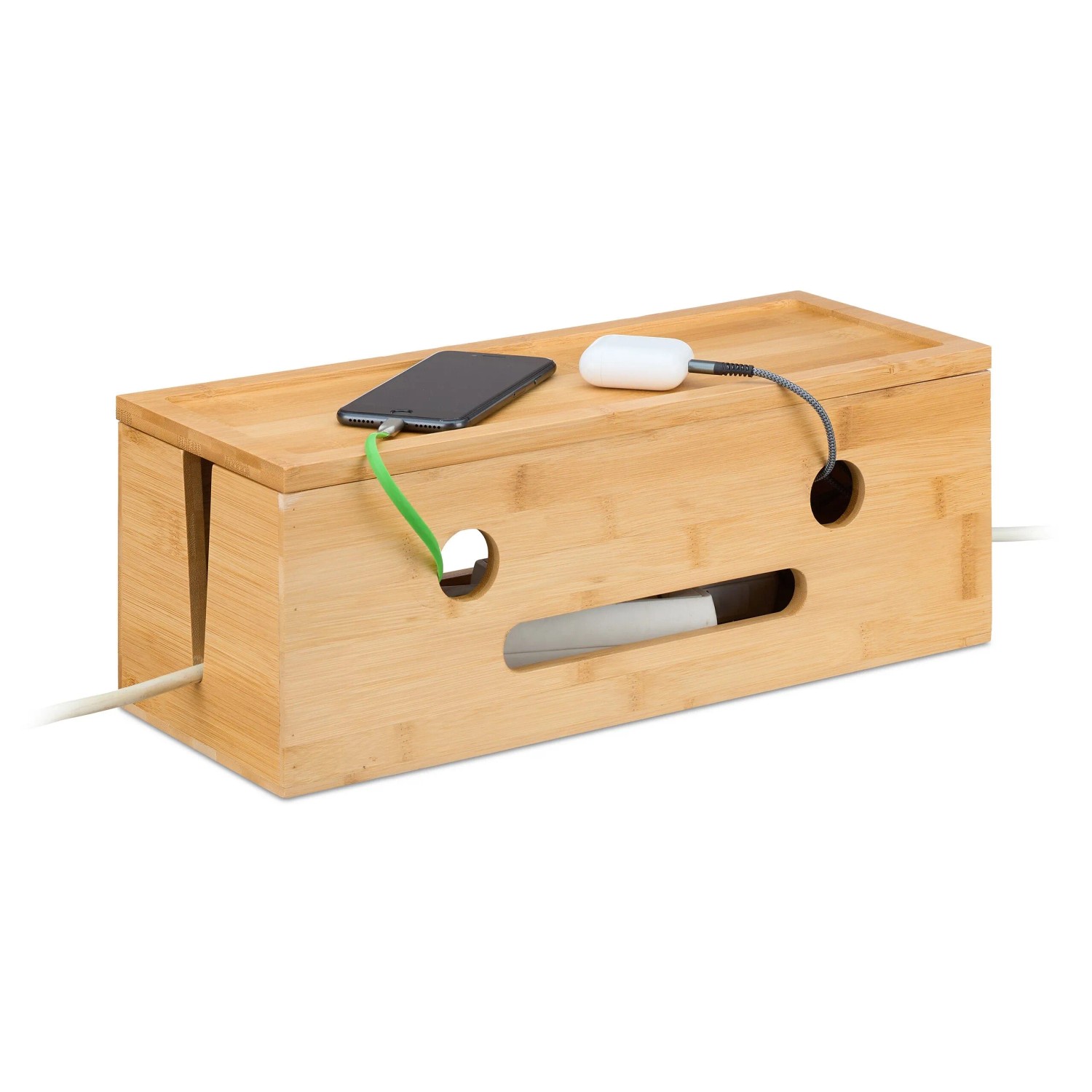 Relaxdays Kabelbox Bambus Natur mit Magnetverschluss 42 cm x 16 cm x 15,5 cm
