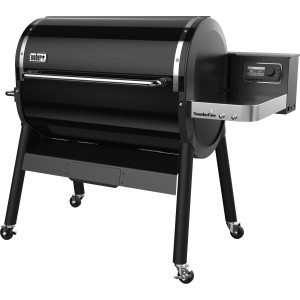 Weber SmokeFire EX6 GBS Pelletgrill in Schwarz mit digitaler Steuerung und Ablagefläche.
