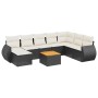 Schwarze 9-tlg. Garten-Sofagarnitur aus Polyrattan mit cremeweißen Kissen und Tisch mit Akazienholzplatte.