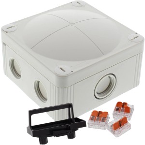 Grauer Wiska Abzweigkasten 95x95x60mm mit Wago Klemmen für Feuchtraum & Außenbereich.