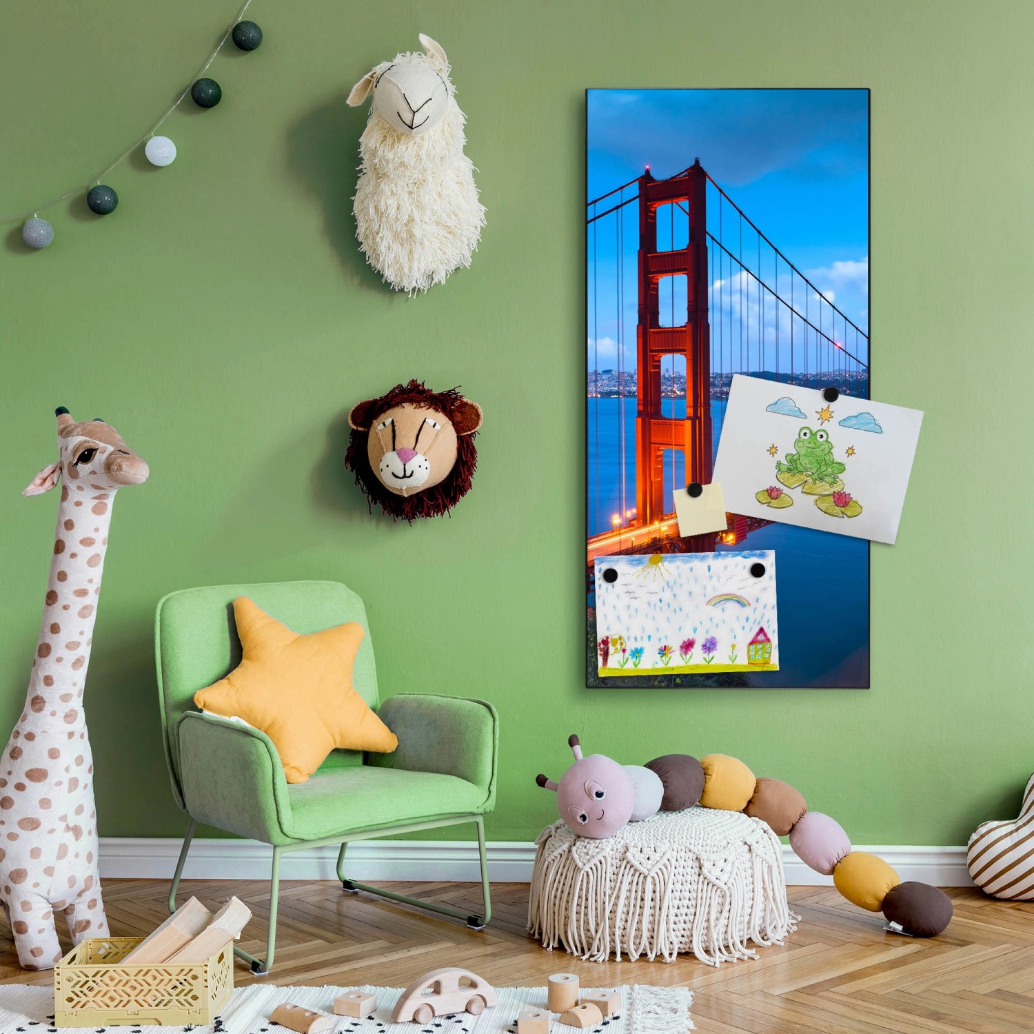 Schwarze Magnettafel mit Golden Gate Bridge Motiv, 37x78cm. Wanddekoration mit Magneten.