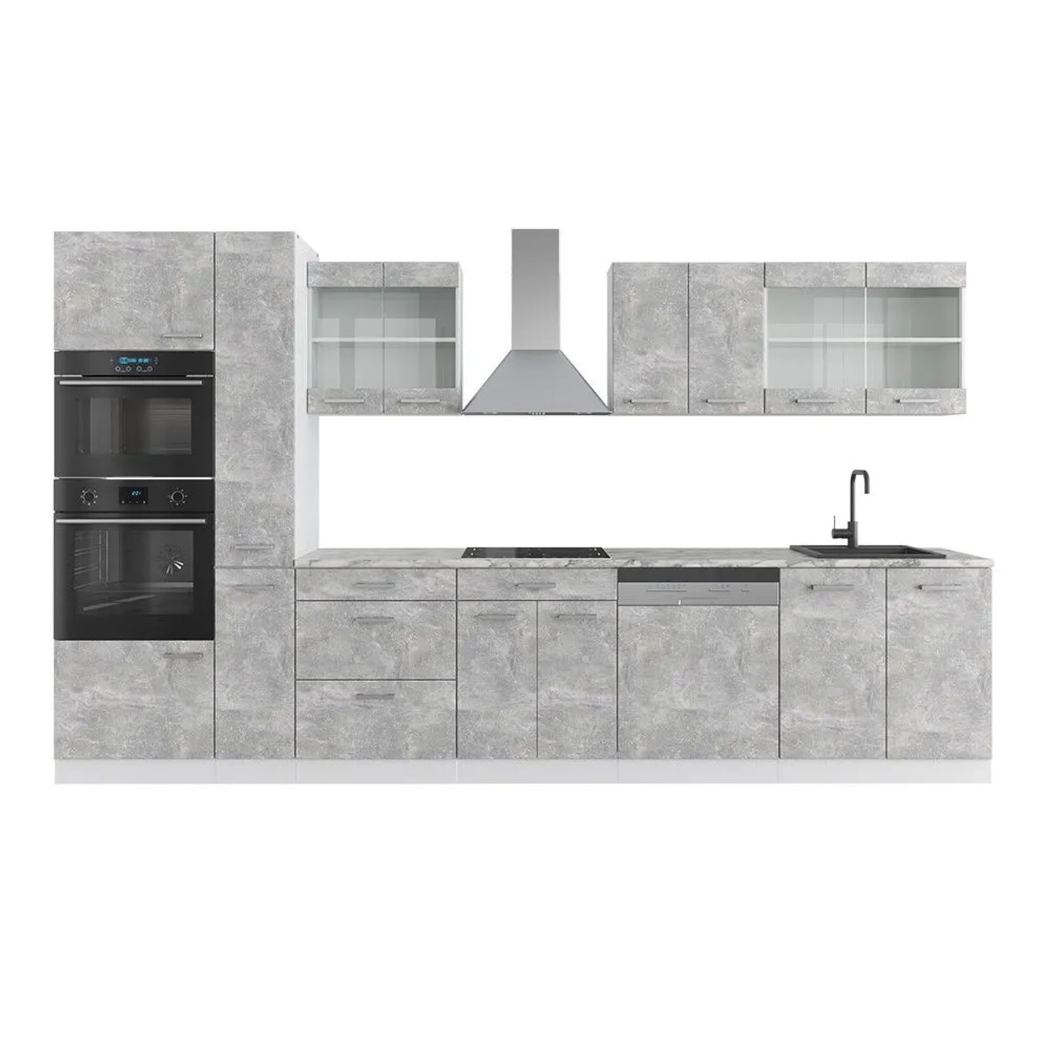Vicco R-Line Küchenzeile Beton Weiß 350 cm mit Hochschrankohne Arbeitsplatte ohne E-Geräte
