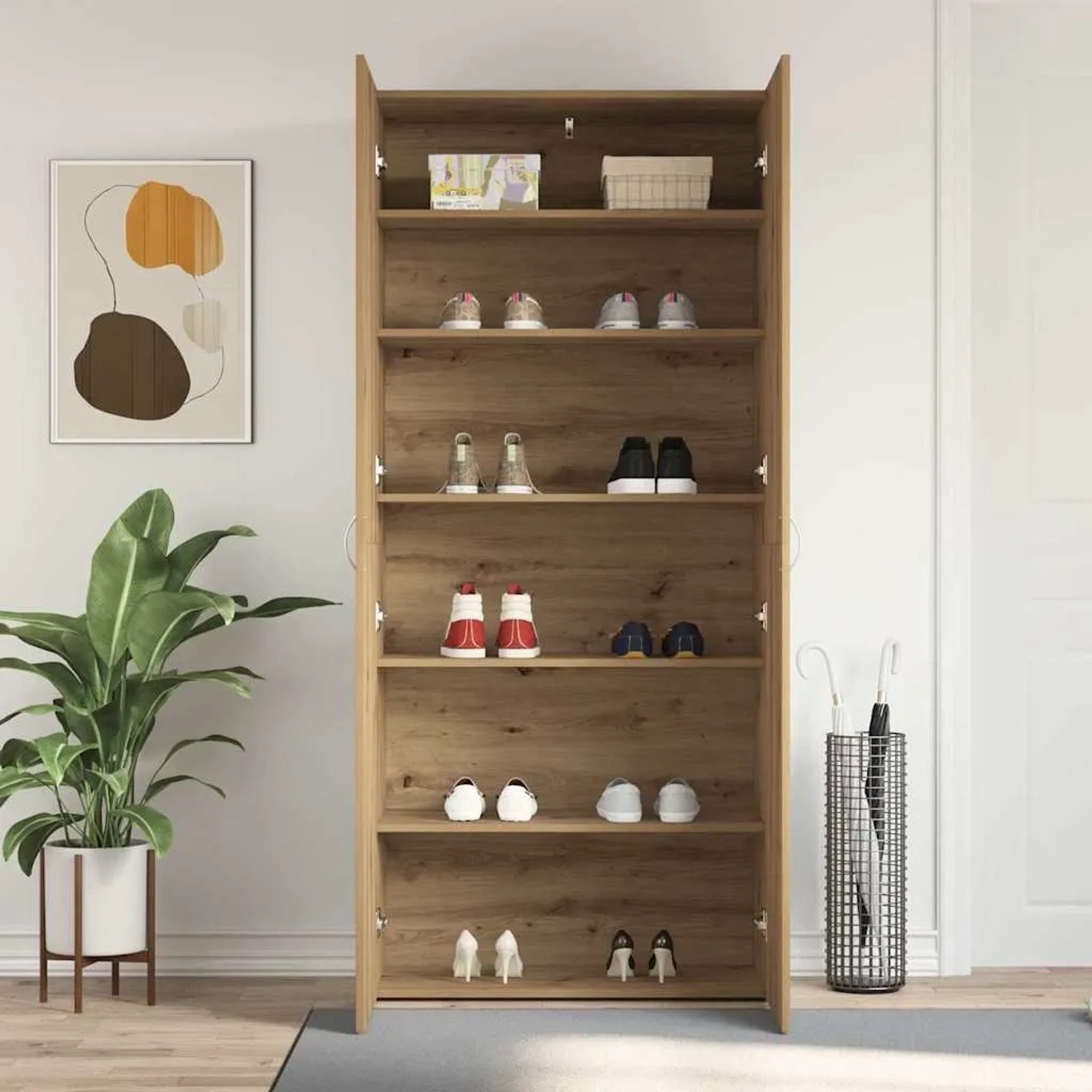 Brauner vidaXL Schuhschrank aus Holzwerkstoff, offen mit Regalen voller Schuhe. Ideal für Flur und Eingang.